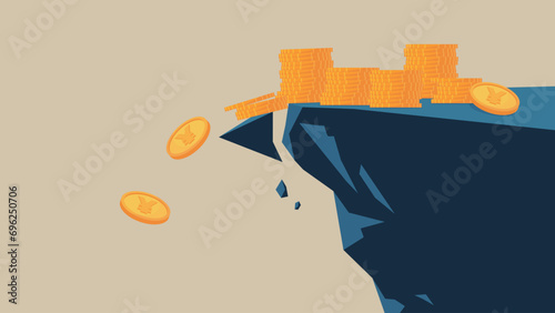 The cliff is collapsing and yen coins are falling.