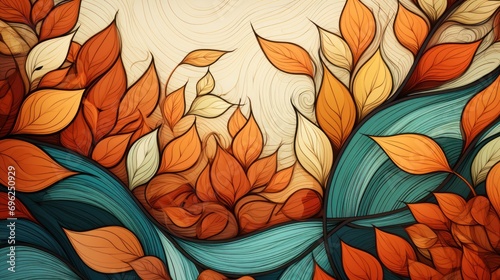 Abstract wallpaper in autumn style with a painted pattern of foliage on the branches.