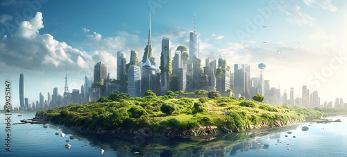 Virtual Utopia Depict a Hyper-Detailed Virtual Cityscape, Showcasing a Utopian World Powered Advanced Technology and Sustainability Futuristic City Planning Sustainable Future with High Tech Eco City photo