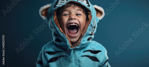 Laughing Young Boy in a Tiger Costume, Fictional Character Created by Generative AI. 