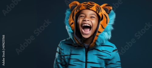Little boy in a Tiger Costume - Roaring with excitement, Fictional Character Created by Generative AI. 