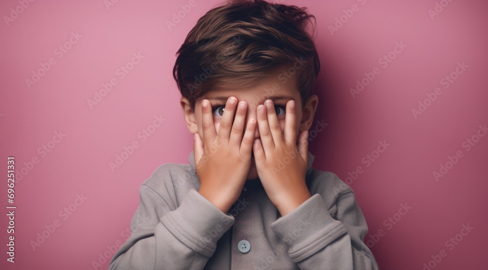 A boy covering his eyes, possibly scared or playing A boy covering his eyes, possibly scared or playing