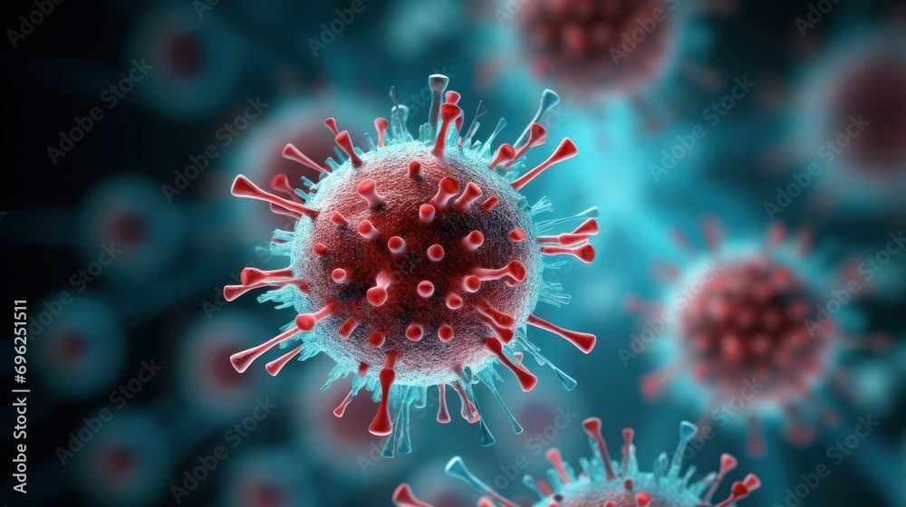 The spherical virus highlighted in blue represents the concept of an infectious disease outbreak. The spherical virus highlighted in blue represents the concept of an infectious disease outbreak.