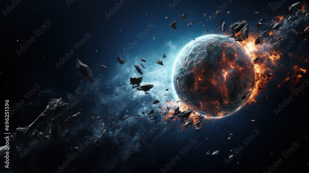 Galactic event: Explosion in space as a satellite meets an asteroid head-on.