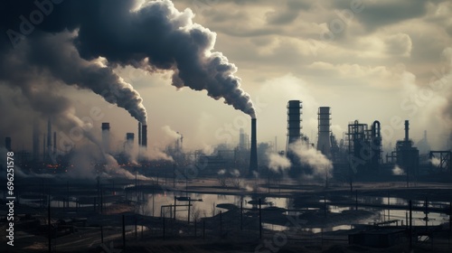 Industrial silhouette: Factory pipes emit smoke in a dusk-lit setting. Concept: The problem of environmental pollution.