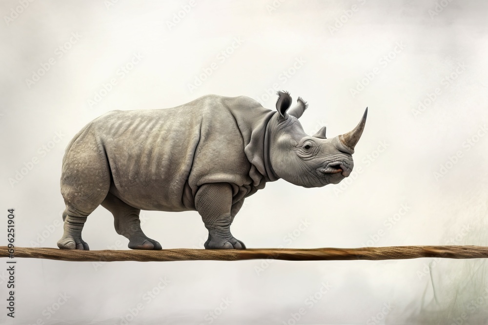 Fototapeta premium Horned great gray animal. Unusual and rare rhinoceros walks brown rope. Generate AI