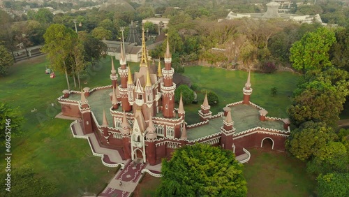 Drone footage aerial view of a beautiful castle at Taman Mini Indonesia Indah, Jakarta, Indonesia. photo