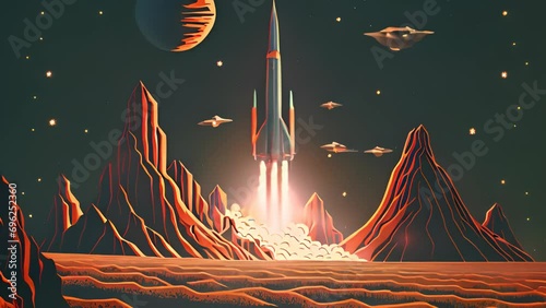 Retro styled sci-fi landscape with mountains. Retro futuristic science fiction animation in drawing style with alien sun. Generated AI photo