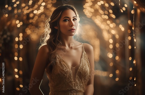 Romantic dreamy moment model. Beautiful girl with gorgeous dress and long hair. Generate AI