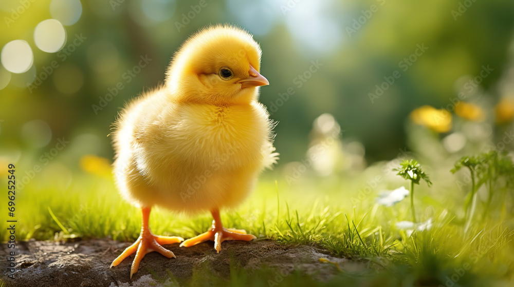 A cute yellow baby chick standing on a patch of green grass, with empty copy space, Happy Easter 