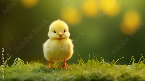 A cute yellow baby chick standing on a patch of green grass, with empty copy space, Happy Easter 
