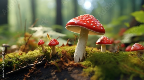A forest wonder: beautiful fly agaric mushrooms thrive in the heart of nature's living ecosystem.