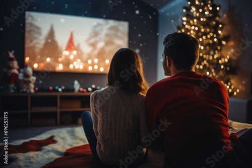 A couple enjoying Christmas lights and watching TV together A fictional character created by Generated AI. 