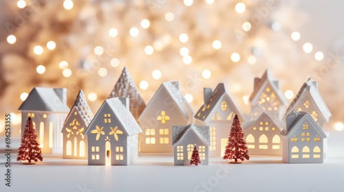 A charming Christmas village with holiday homes and trees