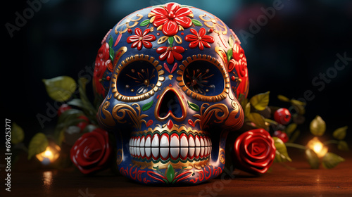 Feast of Dia de los Muertos, attributes and traditions, Creepy Floral skull for Halloween and day of the dead design, Day of the Dead Sugar Skull and Foronda Amidst Flowers and Lights, Generative AI photo