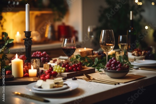 A well-set dining table with wine, cheese, and grapes