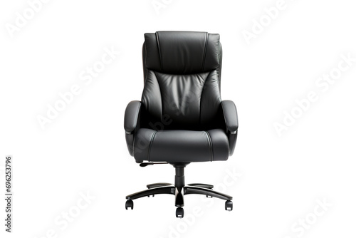 an actual black mid-back leather chair with a comfortable backrest and cushion, a fixed armrest,  white background PNG photo