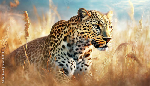 Portrait of a beautiful leopard resting in the dry grass of the savannah with copy space. Panthera pardus. Generative Ai.