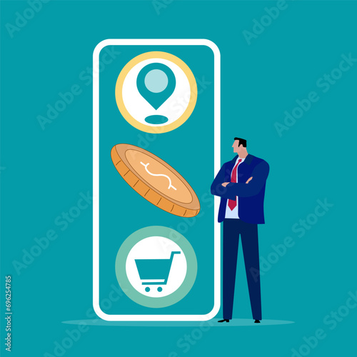 Businessman, online shopping, e-commerce, sales, ordering and shipping.Vector for graphics and web design.