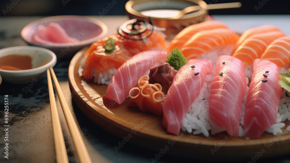 Assorted sushi, rolls and maki big set on dark background A variety of Japanese sushi with tuna, crab, shrimp, caviar, salmon, eel and rolls. Closeup photo