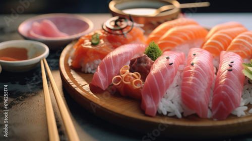 Assorted sushi, rolls and maki big set on dark background A variety of Japanese sushi with tuna, crab, shrimp, caviar, salmon, eel and rolls. Closeup photo