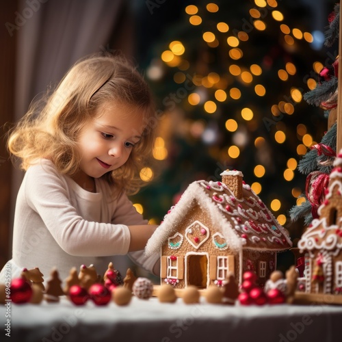 A little girl plays with gingerbread houses and decorations. A fictional character created by Generated AI. 