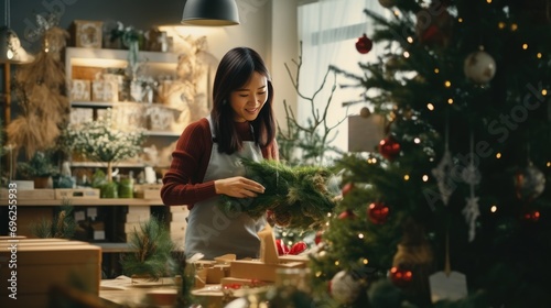 A woman is handling a Christmas tree in a workshop A fictional character created by Generated AI.  photo