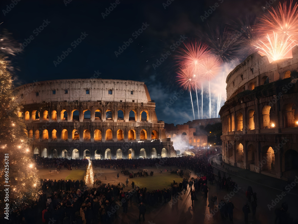 colosseum at night with firework