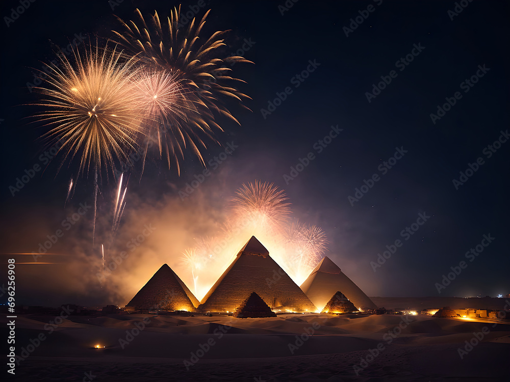 Pyramids of giza with fireworks