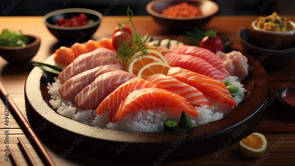 Assorted sushi, rolls and maki big set on dark background A variety of Japanese sushi with tuna, crab, shrimp, caviar, salmon, eel and rolls. Closeup photo