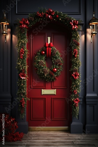Festive Front Door with Christmas Wreath and Ribbons