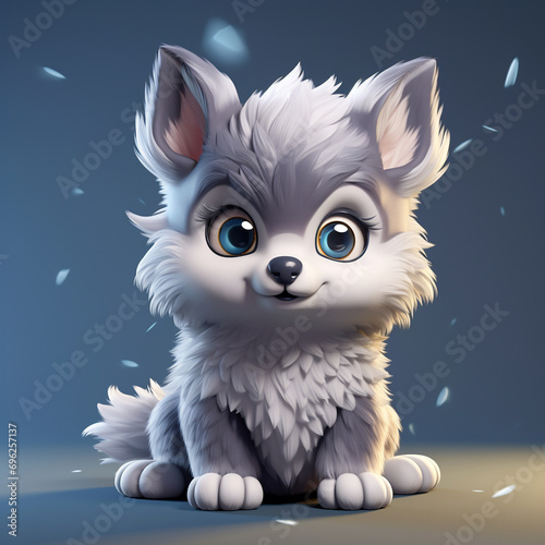 Cute cartoon wolf sitting on the floor. 3d rendering.AI.