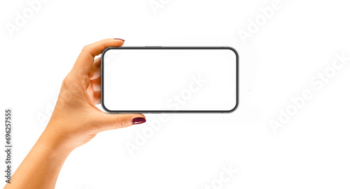 Woman hand holding smart phone with blank screen isolated on white. Template, mockup. photo