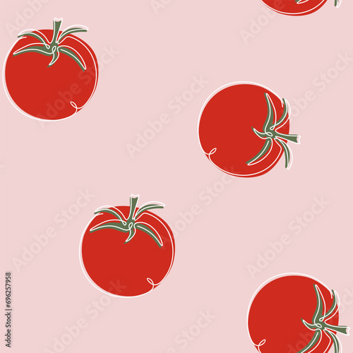 Tomatoes continuous one line art seamless pattern on pink background. Linear tomatoes continuous one line for concept design.
