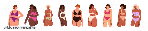 Woman in lingerie set. Diverse women with different body type, fat and slim figures. Bodypositive females in underwear, bikini, bra and panties. Flat vector illustrations isolated on white background