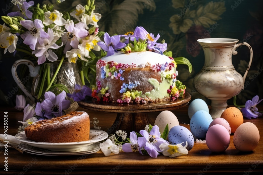 Easter still life with colorful Easter cakes, Easter eggs on rabbit dessert plate. Traditional Easter treat on festive table decorated with spring flowers. Easter still life with colorful Easter cakes, Easter eggs on rabbit dessert plate. Traditional Easter treat on festive table decorated with spring flowers.
