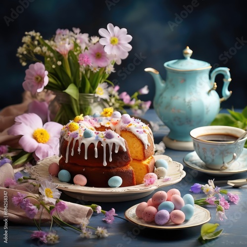 Easter still life with colorful Easter cakes  Easter eggs on rabbit dessert plate. Traditional Easter treat on festive table decorated with spring flowers.