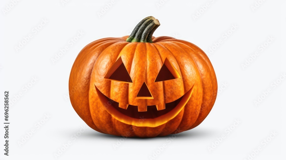 Fototapeta premium Spooky charm: an orange jack-o-lantern, adorned with an ominous grin, lights up the frame on a white studio backdrop.