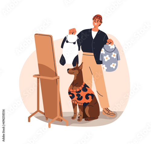 Choosing canine clothes, apparel. Cute dog looking in mirror, fashion stylist...