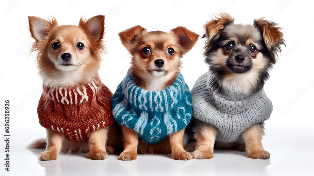 Three adorable different breed dogs wearing warm wool jumpers. Isolated on white transparent background
