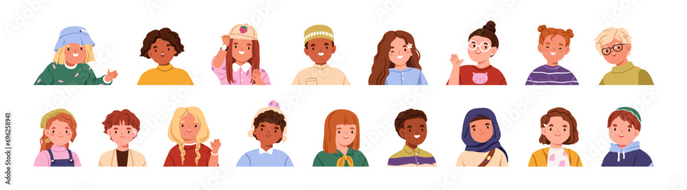 Happy children set. Cute smiling kids. Multiethnic child characters. Diverse different preschool and elementary school boys and girls. Flat graphic vector illustrations isolated on white background Happy children set. Cute smiling kids. Multiethnic child characters. Diverse different preschool and elementary school boys and girls. Flat graphic vector illustrations isolated on white background