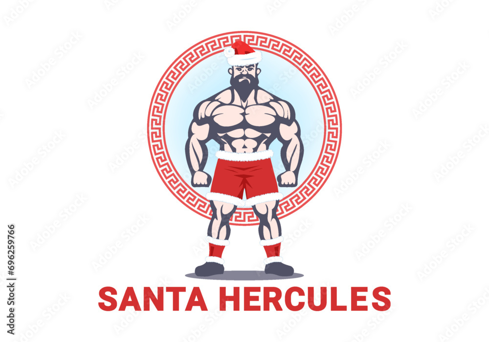 Vector strong powerful bodybuilder santa hercules. Red warm hat and shorts. Festive Christmas athlete. Logo or emblem. White isolated background. Vector strong powerful bodybuilder santa hercules. Red warm hat and shorts. Festive Christmas athlete. Logo or emblem. White isolated background.