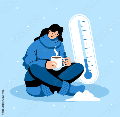 The freezing Girl sits sad on the floor and drinks a drink. The thermometer shows a low temperature. Flat, cartoon, vector illustration. Winter, snow