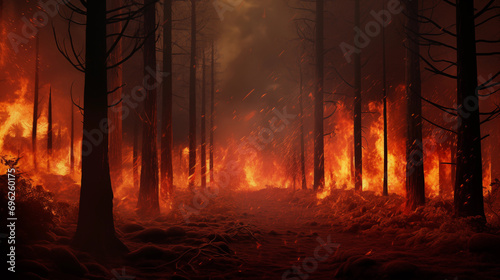 Dark forest with burning trees, epic background, generative ai photo