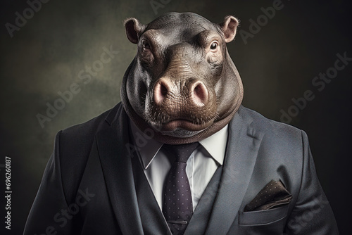 A hippo in a suit with a contemplative expression against a textured backdrop.