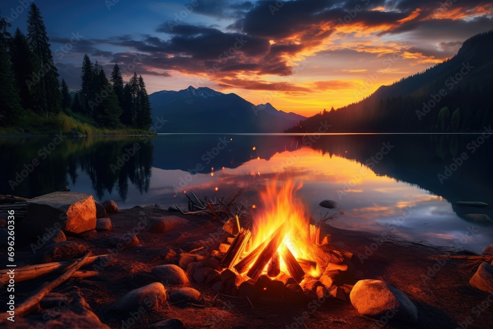 Lake side campfire with wood burning in a scenic setting during the sunset. in golden light Ai Generate Lake side campfire with wood burning in a scenic setting during the sunset. in golden light Ai Generate