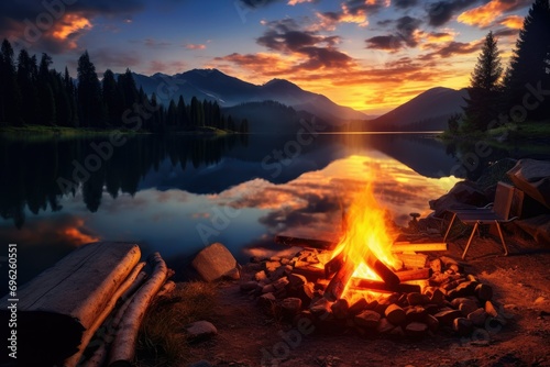 Lake side campfire with wood burning in a scenic setting during the sunset. in golden light Ai Generate