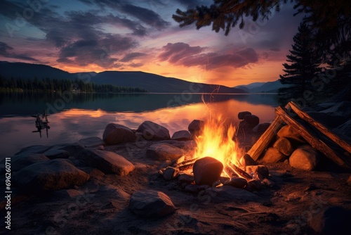 Lake side campfire with wood burning in a scenic setting during the sunset. in golden light Ai Generate