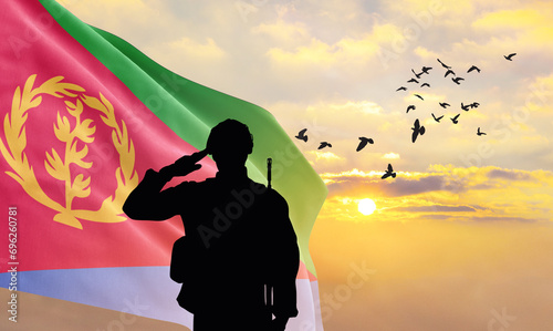 Silhouette of a soldier with the Eswatini flag stands against the background of a sunset or sunrise. Concept of national holidays. Commemoration Day. photo