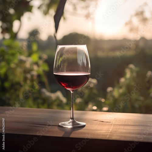 Closeup of glass of red wine on the table outdoors on blurred vineyard background